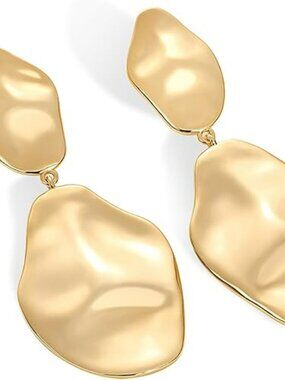 14K Gold Plated Teardrop Statement Dangle Earrings Hammered Drop Dangle Fashion